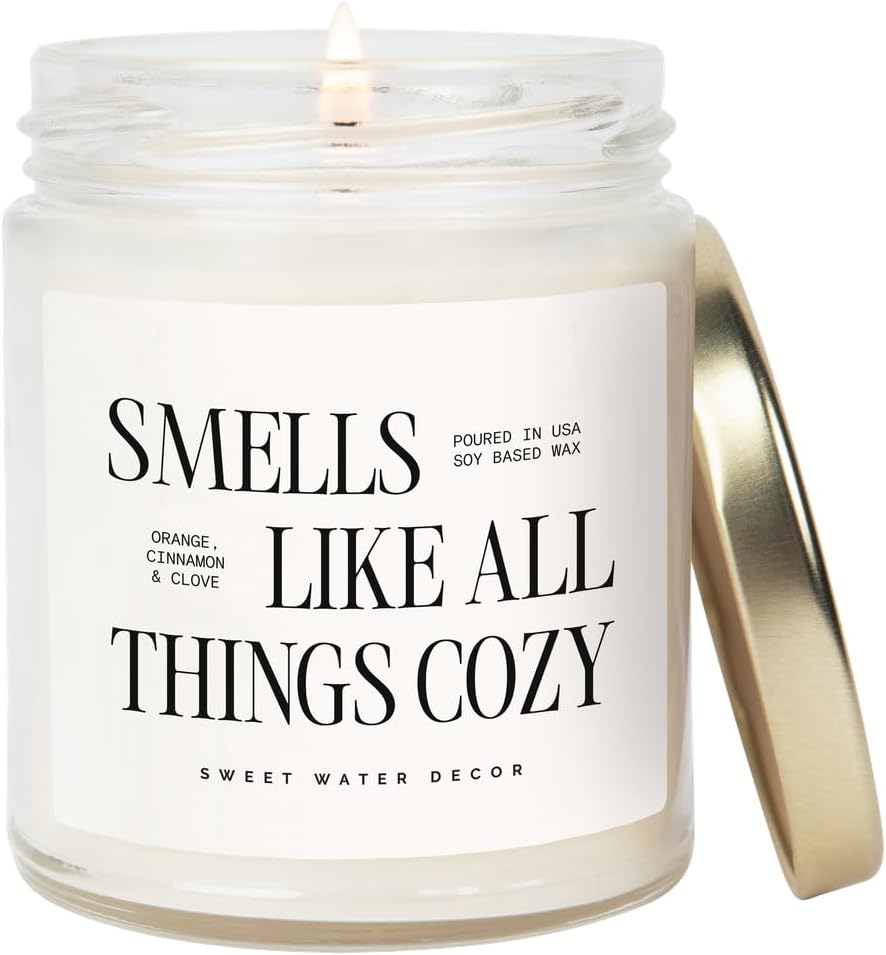 Sweet Water Decor Smells Like All Things Cozy Candle, Orange Cinnamon Ginger Clove Scent, 9oz Soy Candle with Gold Lid, Non-Toxic, Fall & Winter Christmas & Housewarming Gift, 40+ Burn Time