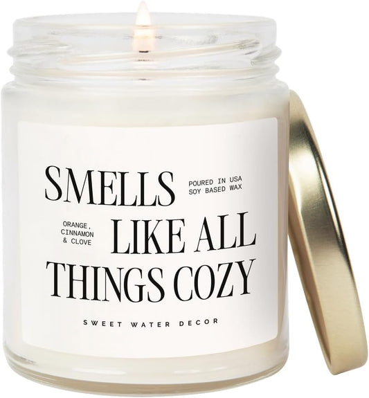Sweet Water Decor Smells Like All Things Cozy Candle, Orange Cinnamon Ginger Clove Scent, 9oz Soy Candle with Gold Lid, Non-Toxic, Fall & Winter Christmas & Housewarming Gift, 40+ Burn Time