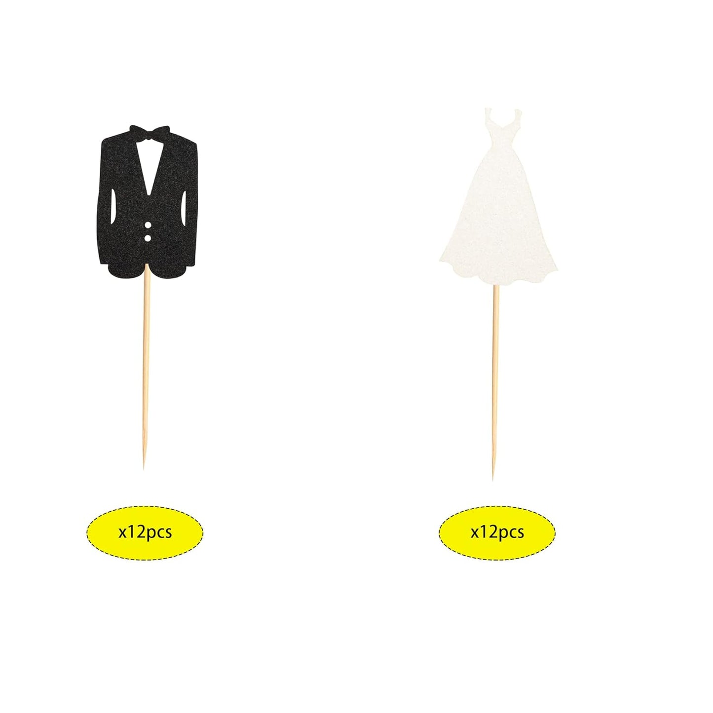 24pcs Bride and Groom Cupcake Toppers Wedding Dress and Tux Cupcake Picks Bridal Shower Wedding Engagement Anniversary Party Cake Decorations Supplies