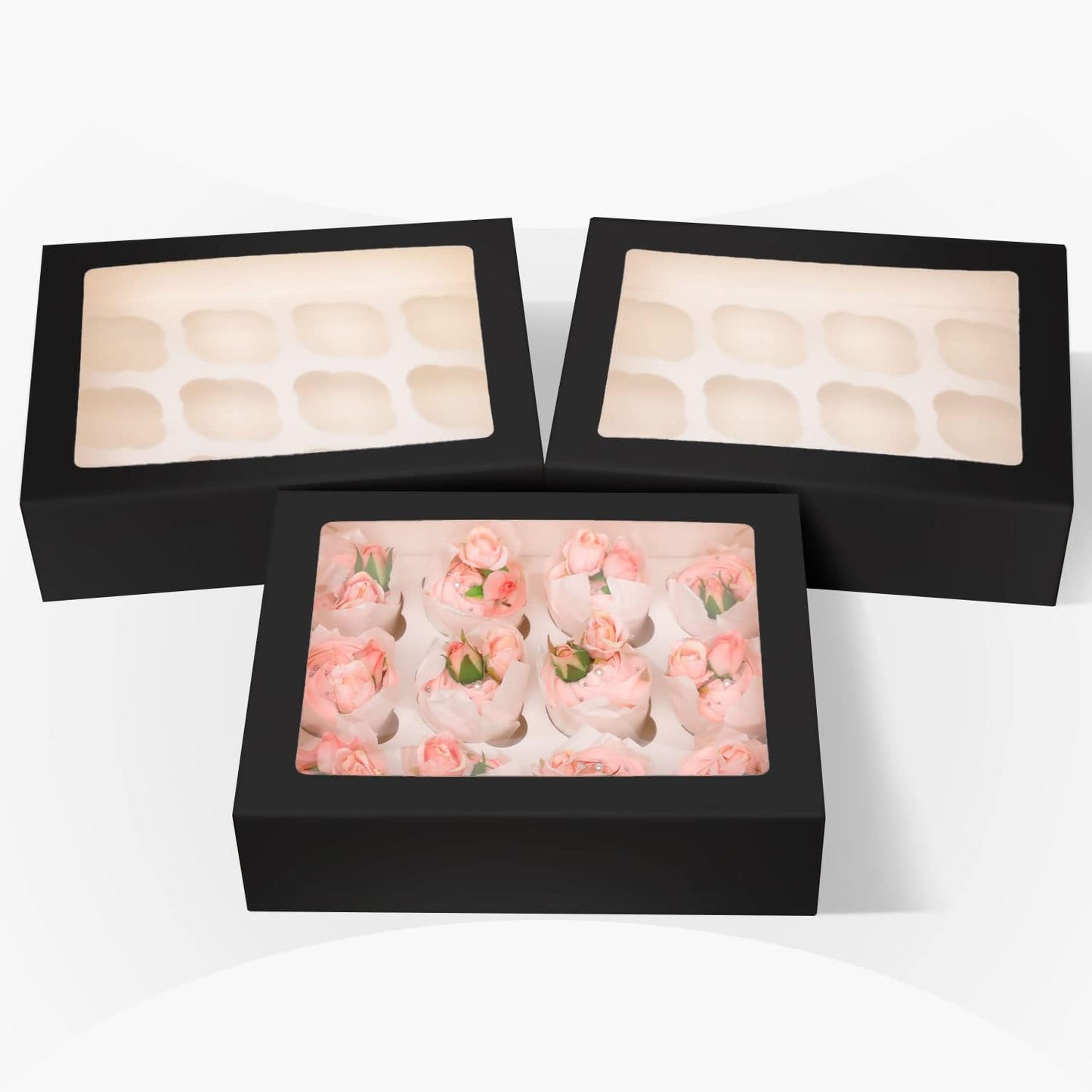 12 Cupcake Containers 20-Packs Black Cupcake Box Cupcakes Carrier, 12 Cupcake Boxes with Window 13"x10"x3.5"（Auto-pop up）