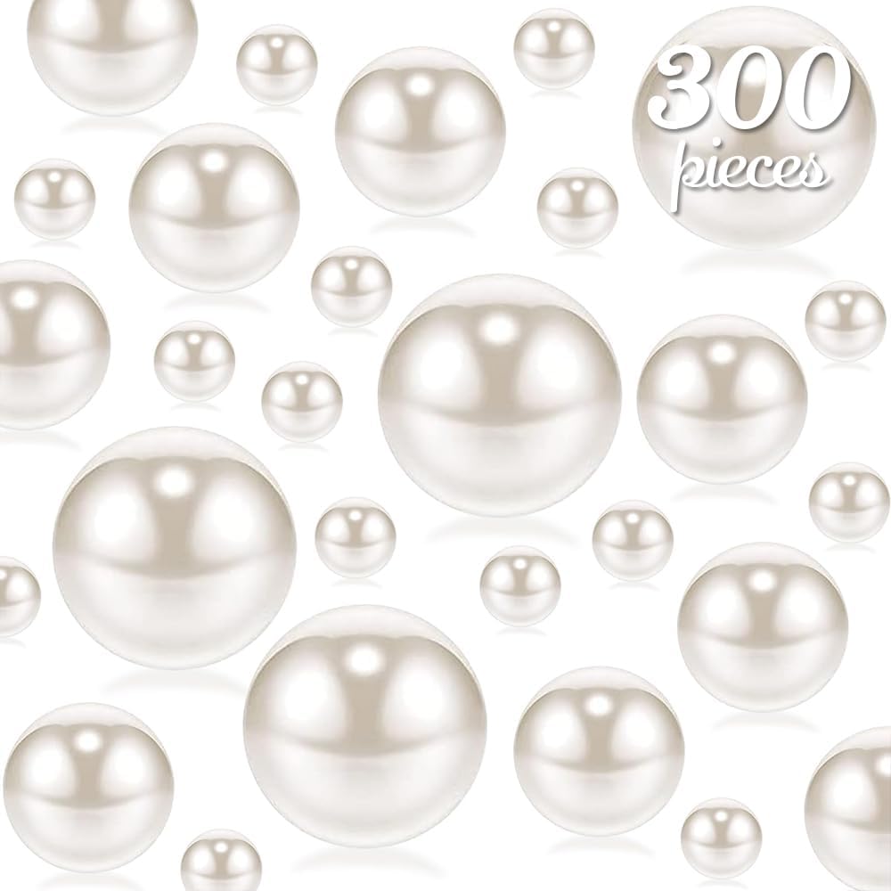 300Pcs White Polished No Hole Faux Pearl Beads for Vase Filling Decorations, Plastic Pearls Vase Fillers, Table Scatters, Wedding Centerpiece, Home Decor, 8/14/20 mm