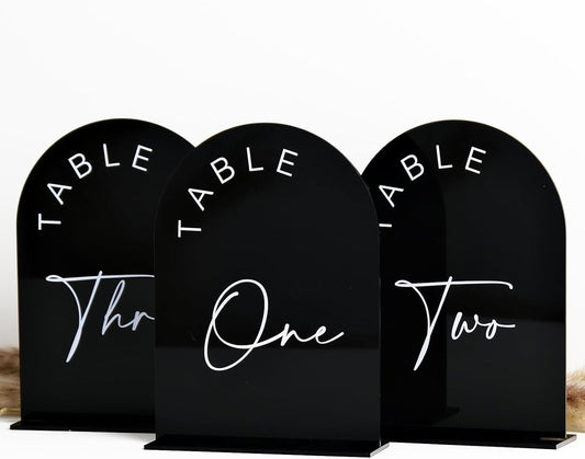 Black Arch Wedding Table Numbers 1-25 with Stands, 5x7 Inch Black Acrylic Arch Sign with Holder, Arched Acrylic Table Numbers for Wedding Reception