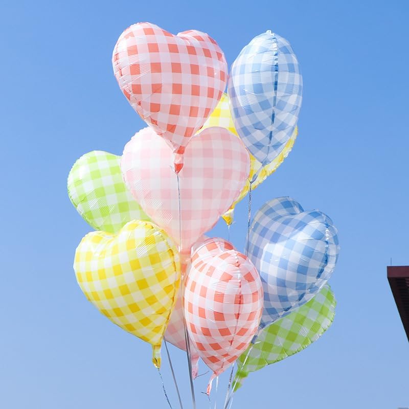 Pink Blue Checkered Heart Balloons,12Pcs 18Inch Blue Pink Grid Heart Shaped Foil Helium Polyester Film Balloons for One Silly Goose Birthday Baby Shower Party Decorations