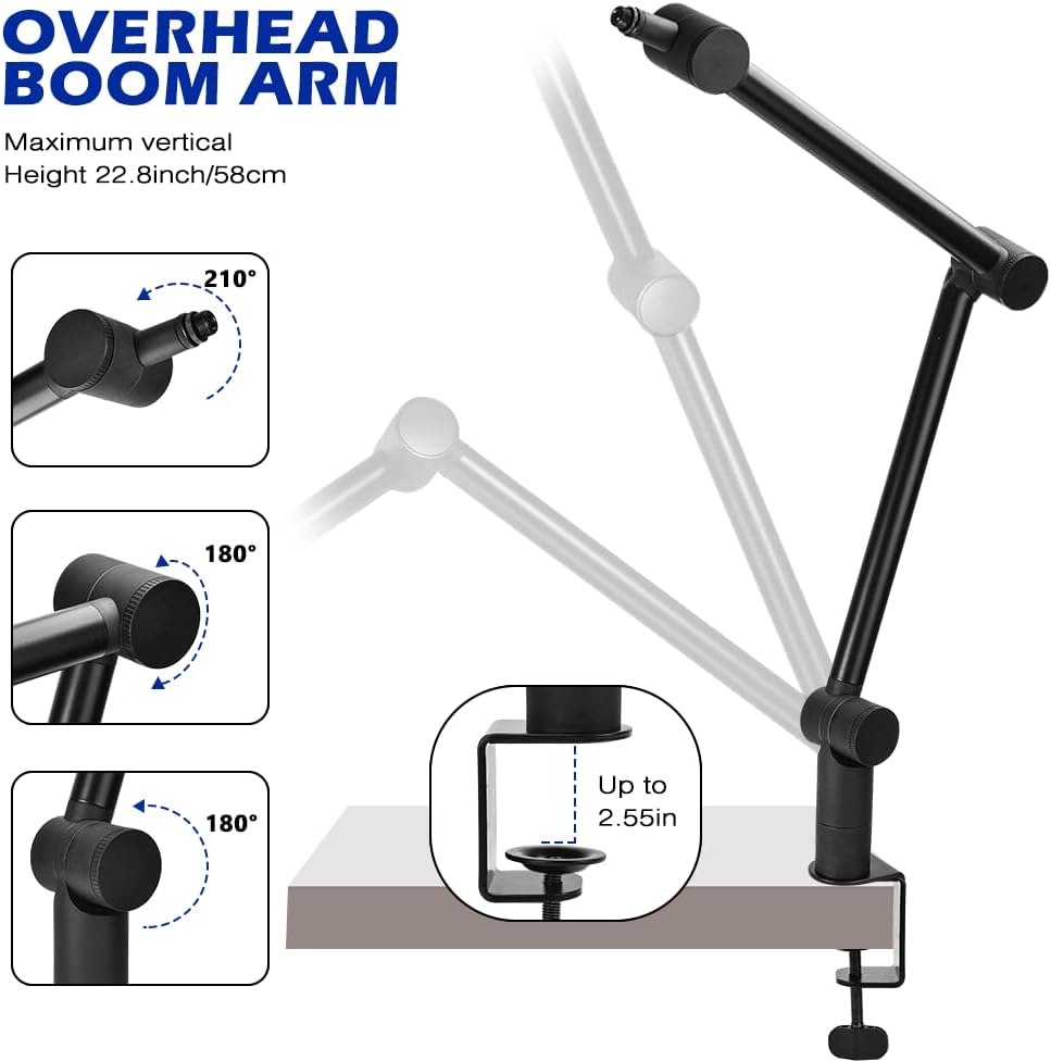BOMGE Boom Arm Mic Stand - Adjustable Heavy Duty Suspension Boom Scissor Arm Stand with Cable Management Channels, Desk Clamp for Podcasts, Streaming, Gaming, Home Office, Recording (Black)