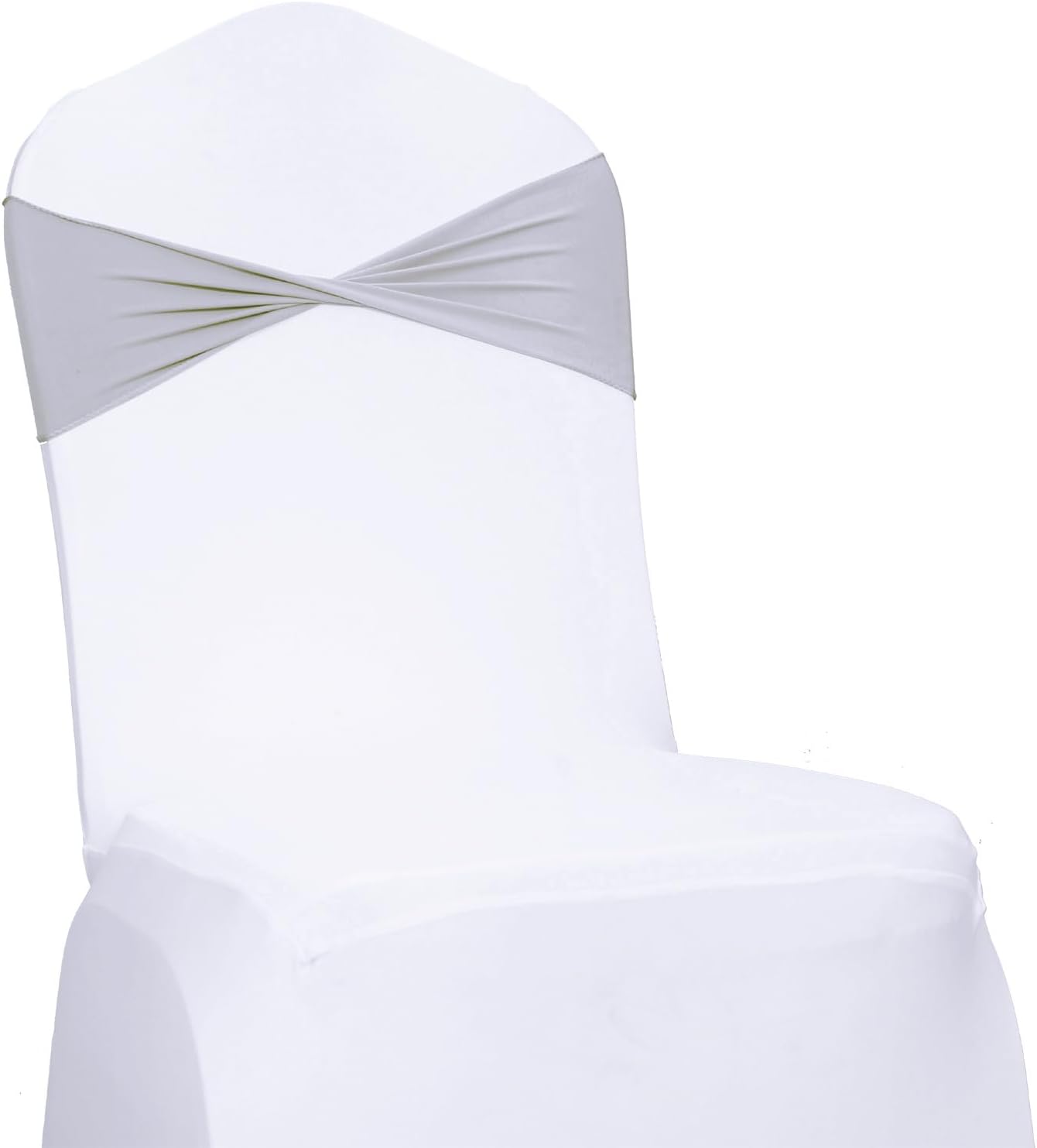 MDS Pack of 50 Spandex Chair Sashes Bows Elastic Stretch Dining Chair Bands Ties Without Slider Buckle Universal fits for Wedding Baby Shower Birthday Party Banquet Event Decoration - Light Silver