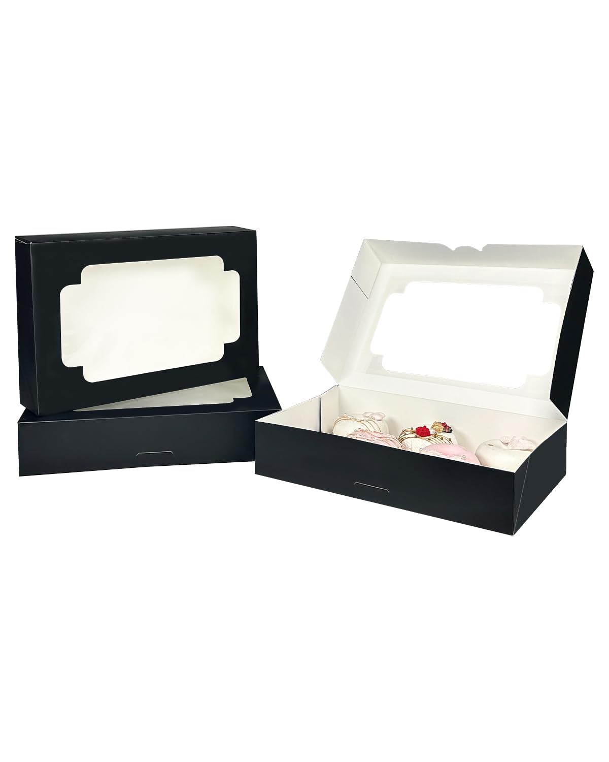 qiqee Auto-pop up Black Cookie Box with Window 12x8x2.5 inch 18 Packs Two Uses One Second Folding Pastry Biscuit Bakery Box for Packaging