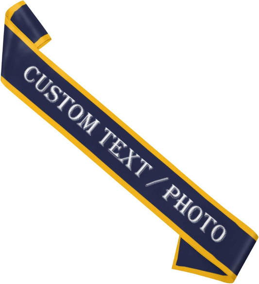 Custom Sash,Personalized Birthday Sash with Text Photo,Customized Bachelorette Sash Quote Sash Bride to Be Sash Color Optional (With decorative edge, Dark Blue)