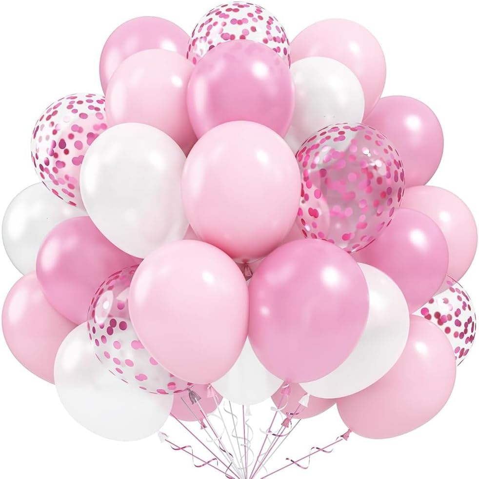 Balloons Pink and White, 60 Packs 12 Inch Light Pink White Balloons with Confetti Balloons for Birthday Party Decorations Girl Women, Wedding, Christening Baby Shower Party, Bridal Shower