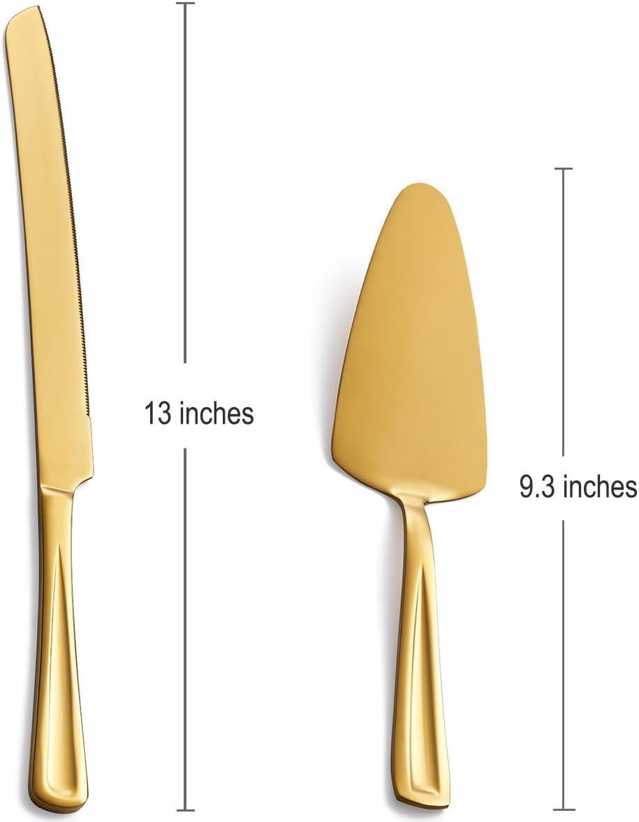 GoGeiLi Gold Cake Knife and Server Set, 13-inch Stainless Steel Cake Cutting Set, Elegant Cake Cutter Set for Wedding, Birthday, Parties, Anniversary