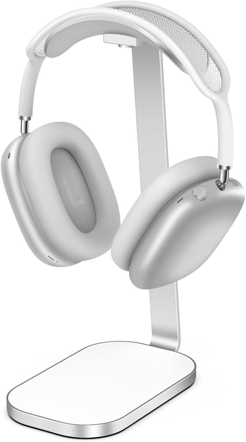 VICHYIE Headphone Stand for AirPods Max, Headset Holder with Aluminum Supporting Rod, Heavy Base Desk Stand Headphones Support Accessory for All Headphones - Silver White