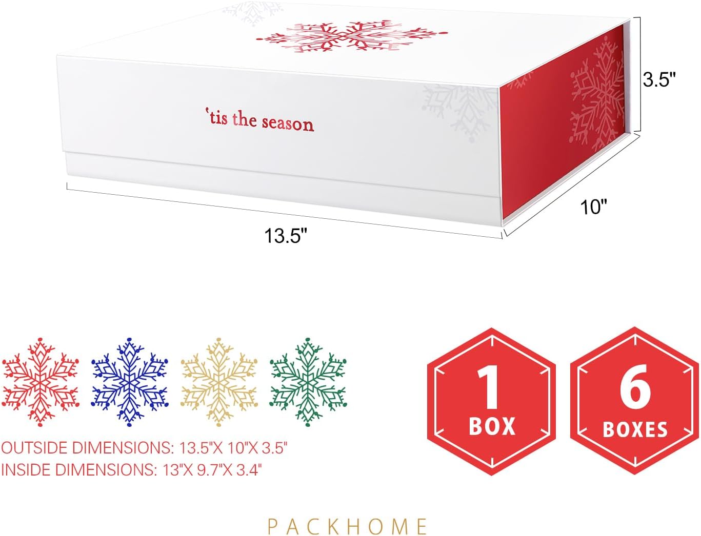 PACKHOME 6 Christmas Gift Boxes 13x9.7x3.4 Inches, Large Gift Boxes with Lids, Sturdy Shirt Boxes with Magnetic Lids for Wrapping Gifts (Red Snowflake Pattern)