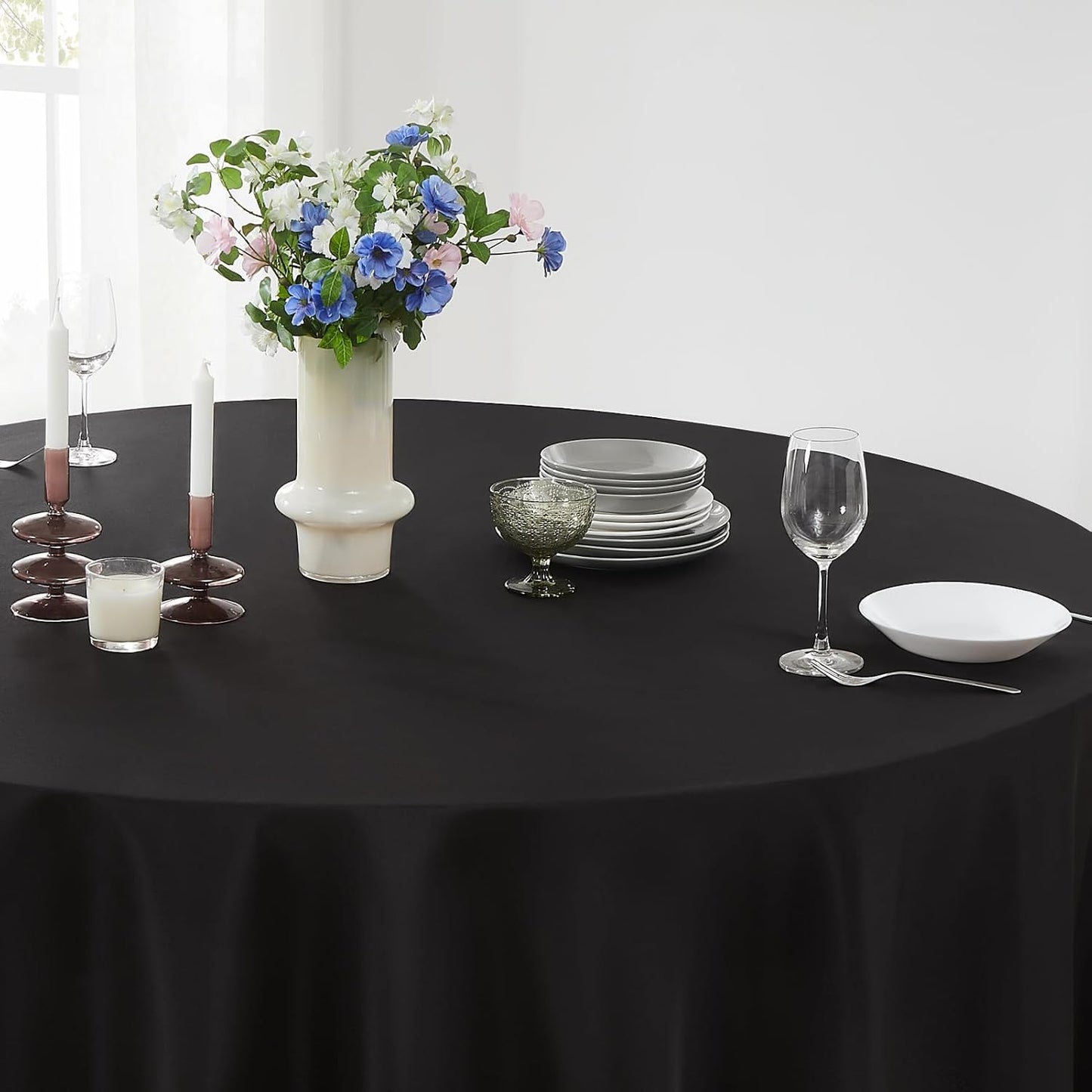 Round Tablecloth 6 Pack 90 Inch Black Tablecloths Washable Decorative Linen Polyester Table Clothes Cover for Dining Table Banquets Buffet Parties and Wedding
