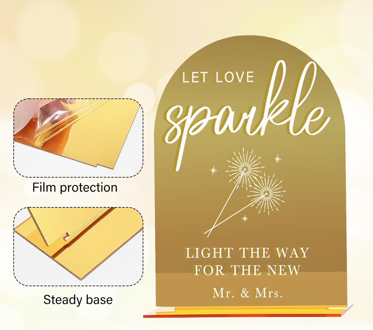 Acrylic Wedding Sign, Bridal Shower Decorations, Let Love Sparkle Sign for Ceremony, Modern Font Table Signs, Gold Mirror Arched Acrylic Tabletop Signs for Wedding Reception and Event Party
