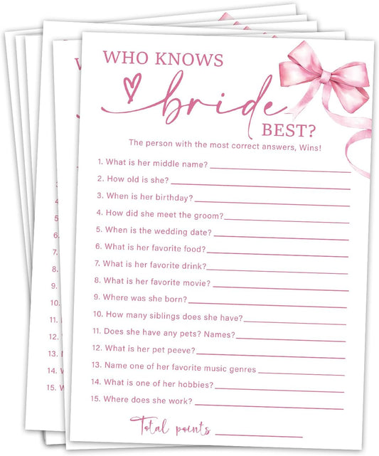 Pink Bow Wedding Shower Games Cards, Bridal Shower Games 30 Guest, Engagement Party Wedding Game for Reception Dinner Activities/HL 001