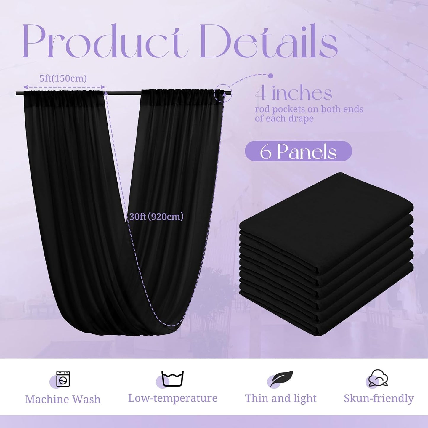 6 Panels Black Ceiling Drapes for Wedding, 5ftx30ft Ceiling Drapes Cheesecloth Sheer Fabric Curtain Wedding Arch Draping Fabric Romantic Ceilings Decorations for Weddings Party Ceremony Stage