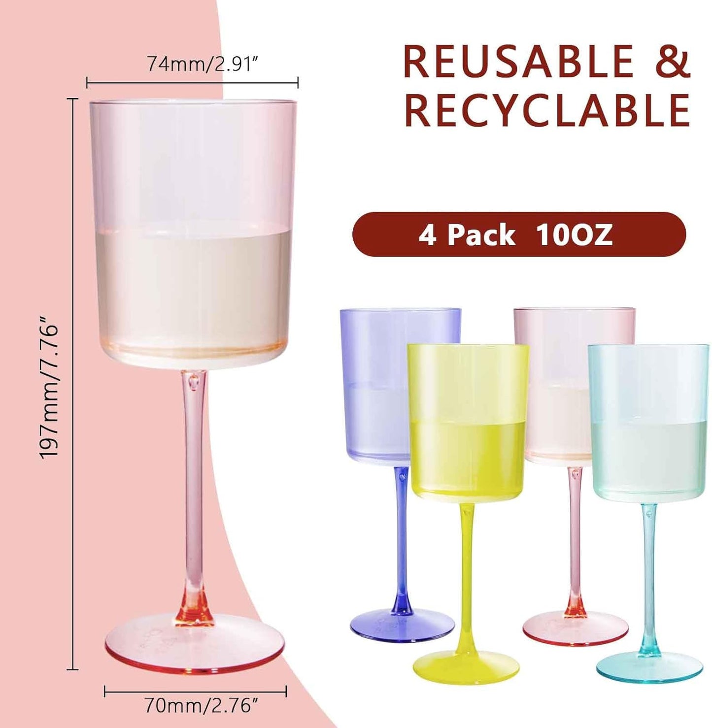 Ciaell 4 Pack Plastic Wine Glasses - 10 Oz Plastic Wine Glasses with Stem - Disposable Wine Glasses Perfect for Parties & Weddings & Poolside & Outdoors & Camping(Pink Green Purple Yellow)