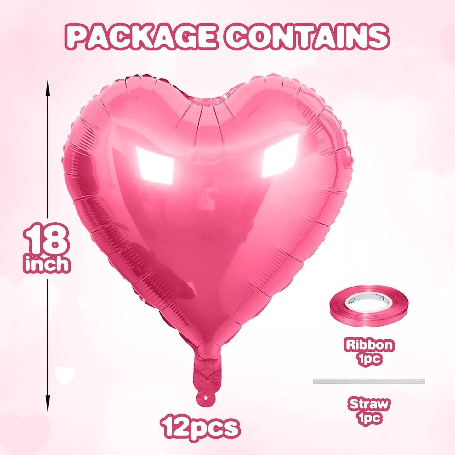 12 Pcs Heart Balloons, 18 inch Pearl Pink Heart Shaped Balloons, Big Helium Balloon, Love Foil Balloon for Wedding Baby Shower Anniversary Backdrop Valentine Party Decorations