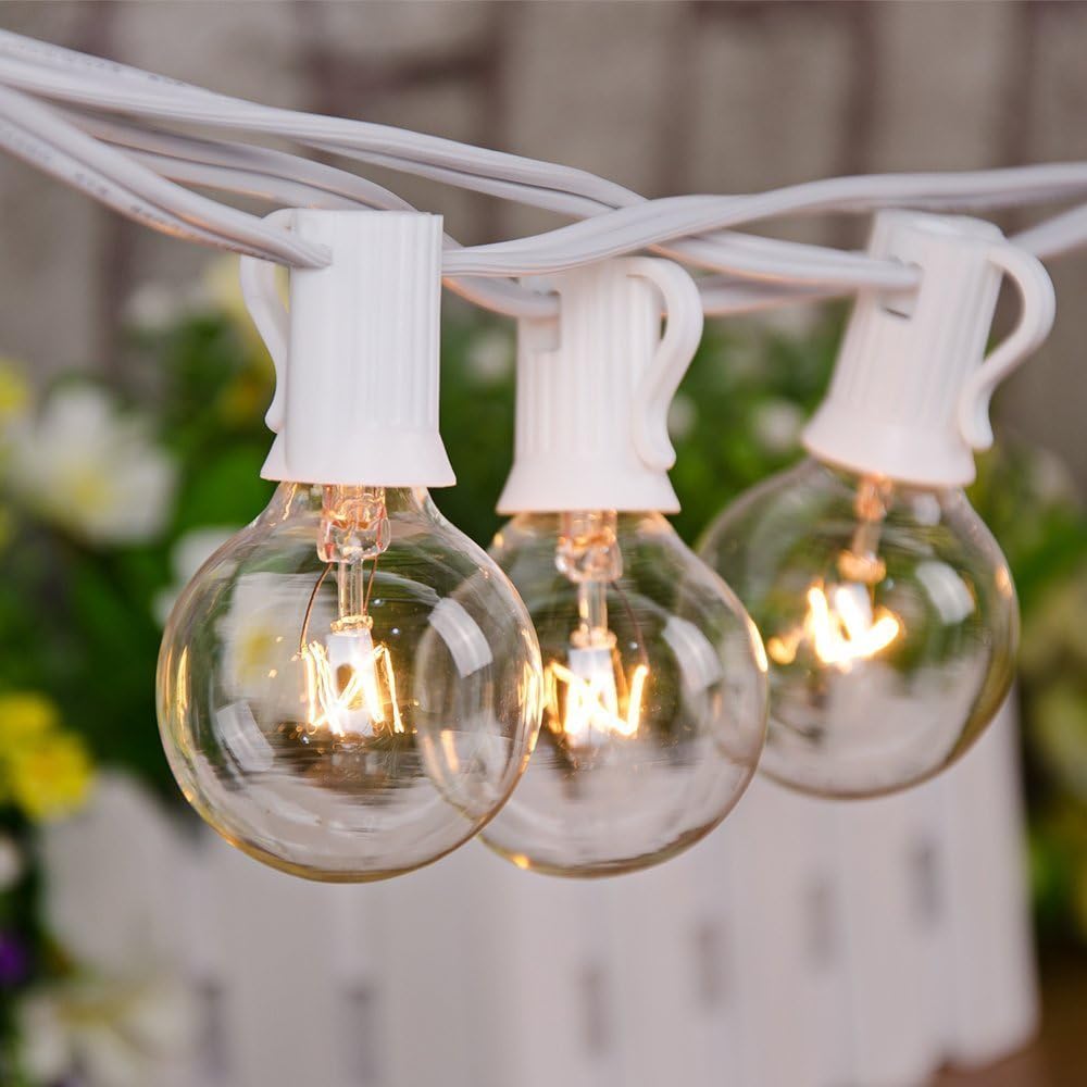 SUNSGNE 25FT Globe String Lights, G40 Outdoor String Lights with 27 Clear Edison Bulbs(2 Spare) for Patio Balcony Decoration - White Wire