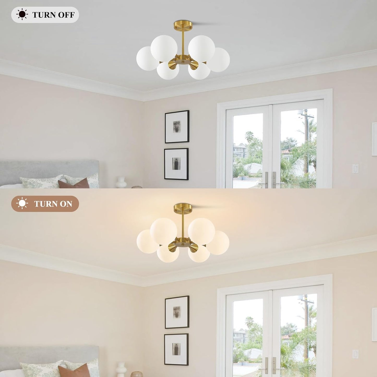 KCO Lighting Brushed Gold Sputnik Flush Mount Ceiling Light Mid Century Modern Overhead Ceiling Light 6-Lights Milk Glass Globe Semi Flush Mount Ceiling Light Fixture