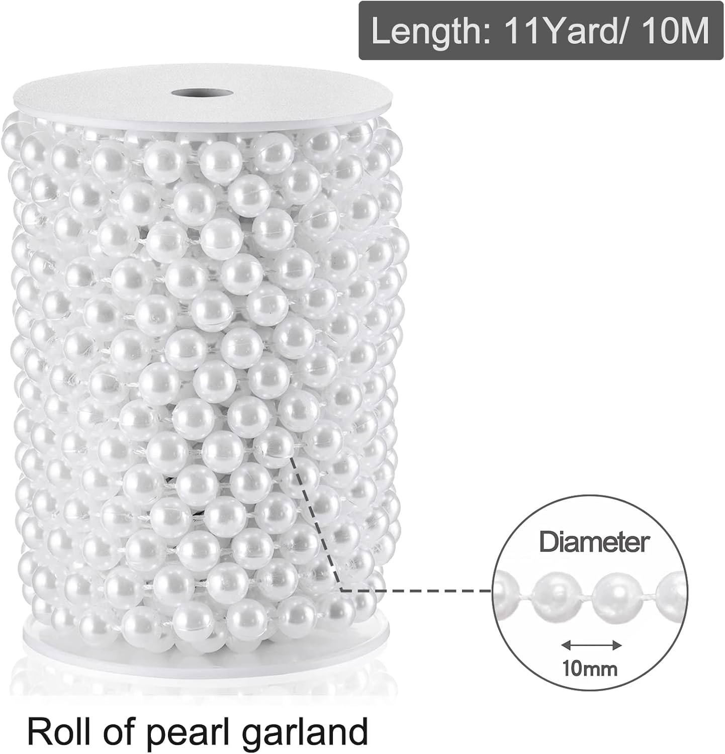 XINHUIDALSQ Craft String of Pearls 10 MM Faux Pearl Beaded, 33 Feet White Garland Bead String for Christmas Tree Decorations, Wedding Party Decoration (White, 10mm/10M)