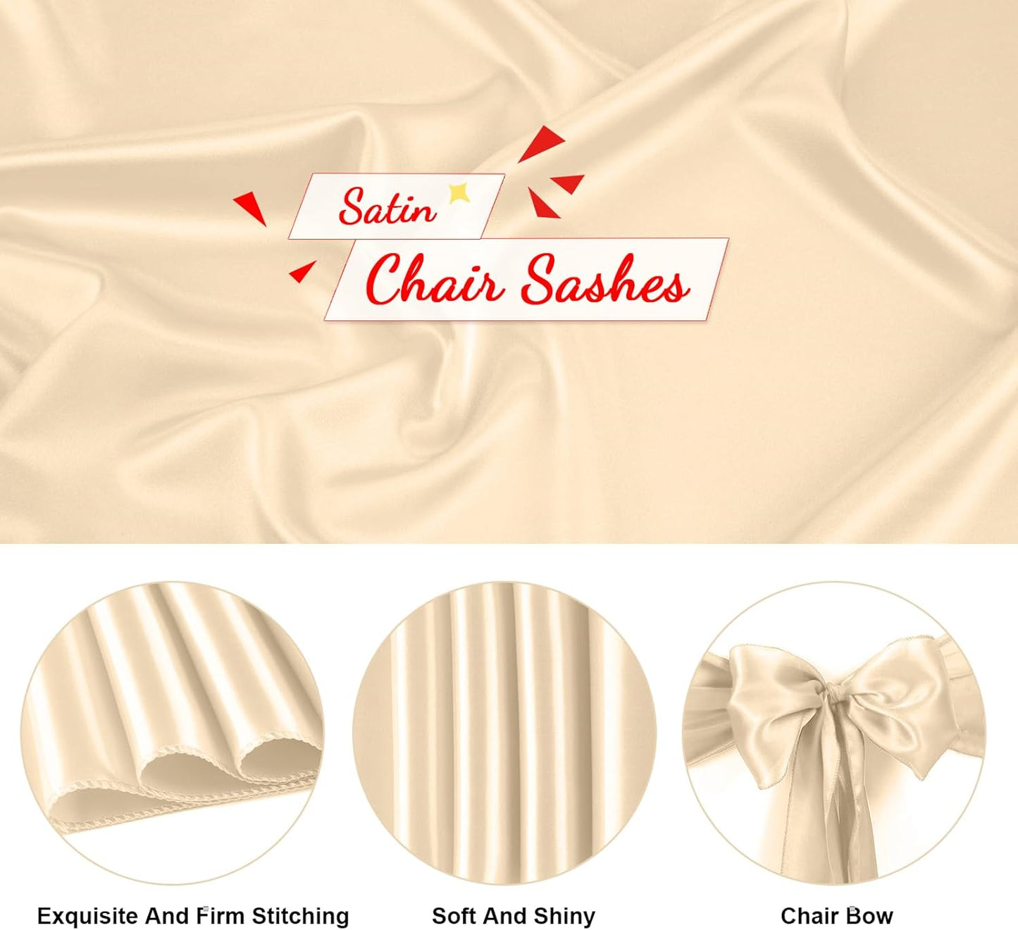 50 PCS Satin Chair Sashes Bows Universal Chair Ribbon Ties Back Sash for Wedding Party Reception Events Banquets Hotel Event Chair Cover Decoration (Champagne 7x108 inch)
