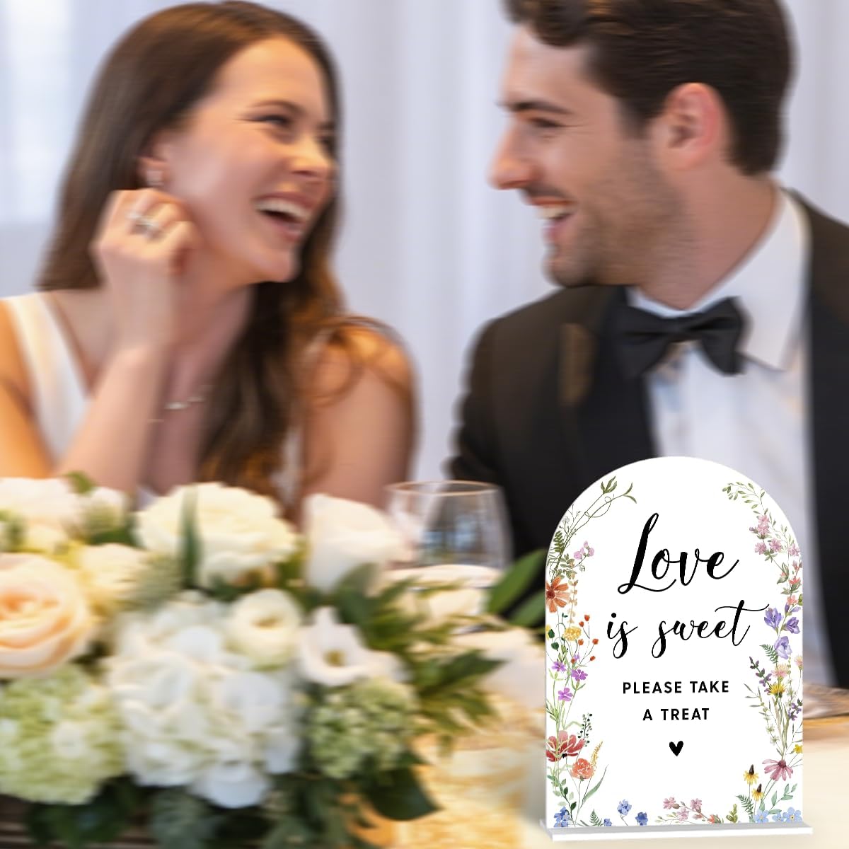 Acrylic Wedding Signs, Love is Sweet Signs for Marriage Reception, Bridal Shower Decorations, Modern Arched Round Top Acrylic Table Top Sign with Holder for Wedding Party Dinner (White Wildflowers)