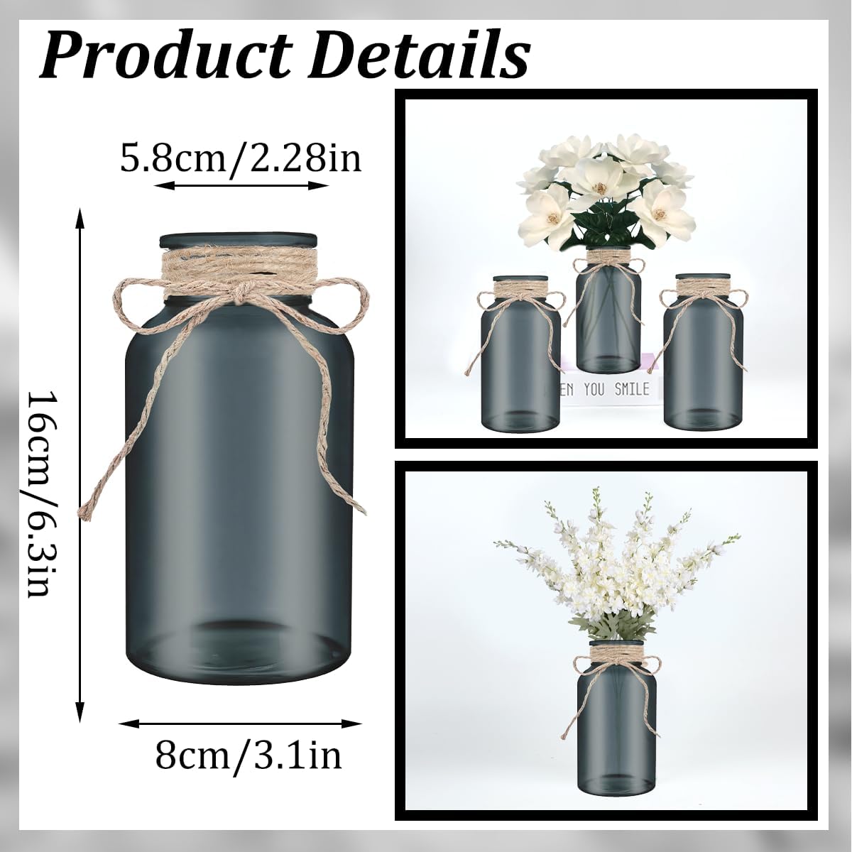 Vintage Glass Flower Vase，12 Pack Farmhouse Black Glass Centerpiece Vases Mason Jars for Halloween Weddings, Parties & Home Decor Bulk (12, Black)