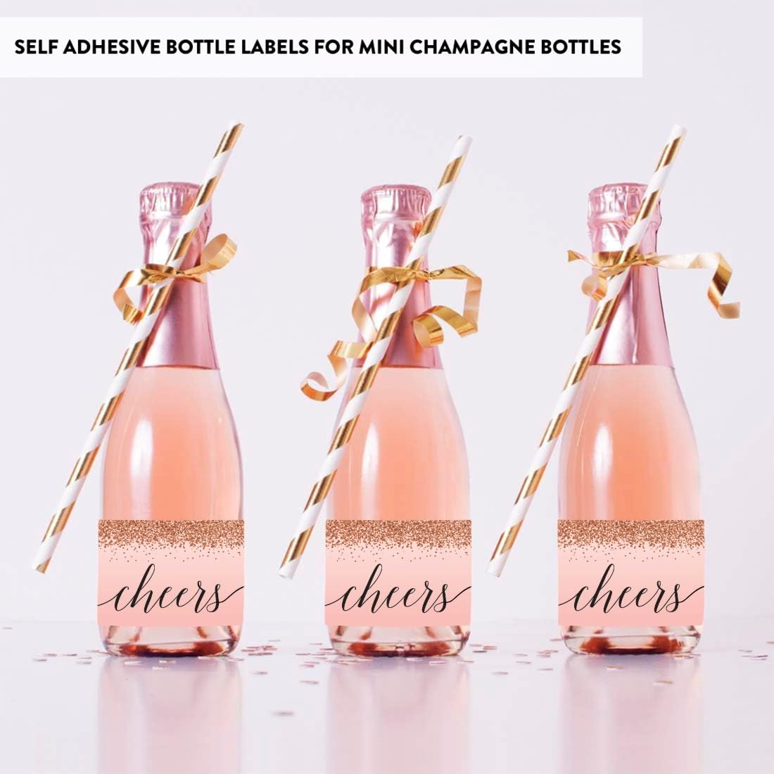 Andaz Press Mini Champagne Wine Bottle Labels, Cheers!, Blush Pink Faux Rose Gold Glitter Elegant, 20-Pack, Party Favor Gift Label Stickers Baby Shower