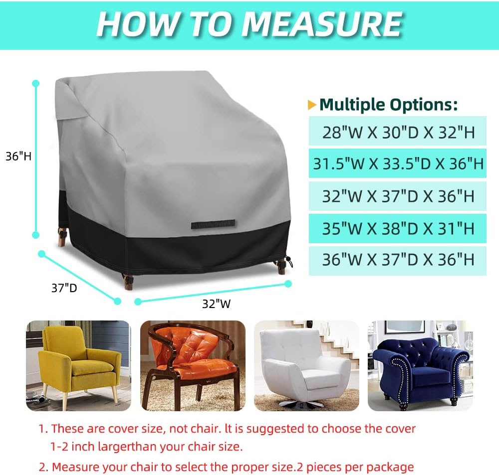 Patio Swivel Chair Cover Waterproof 2 Pack, 600D Heavy Duty Outdoor Furniture Covers for Universal Lawn/Deck/Garden/Backyard Fits up 32" W*37" D*36" H, Gray/Black