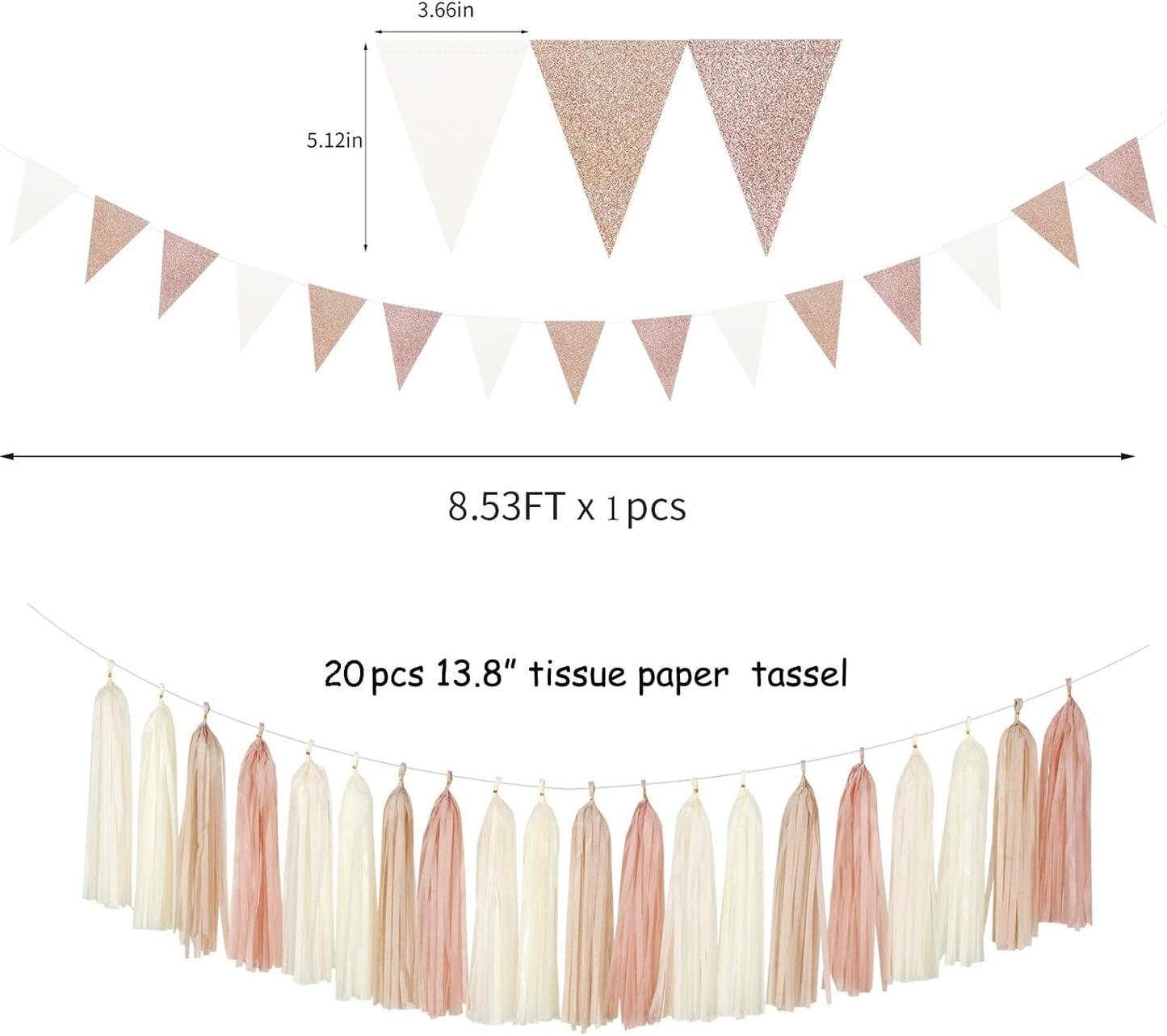 Champagne-Gold Beige Boho Baby-Shower Party-Decorations - 23pcs Fall Rustic Neutral Bridal Wedding Paper Tissue Pom Poms Streamers,Retro Tassel Garland,Girl Birthday Banner Decor Lasting Surprise