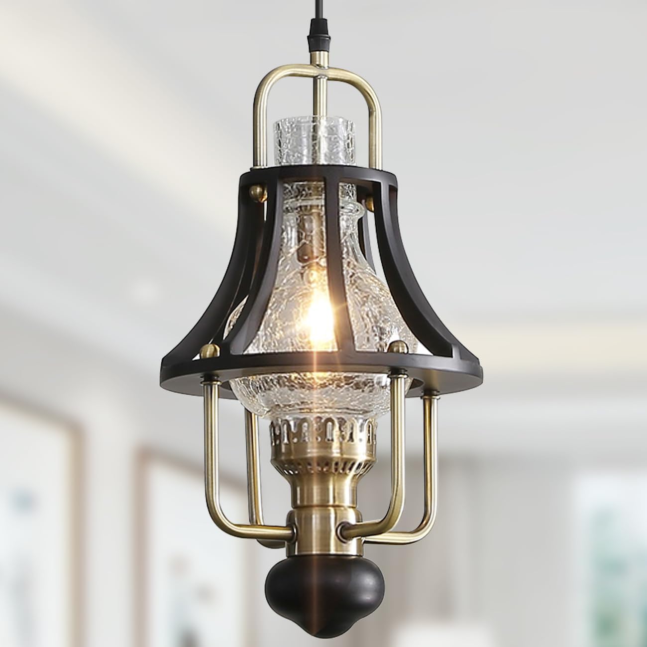 Farmhouse Chandelier Modern Hanging Light, Vintage Rustic Pendant Lights Fixture, Crackle Glass Shade, Wood & Metal Cage Base for Living Room Dining Room Foyer Kitchen Island Bedroom