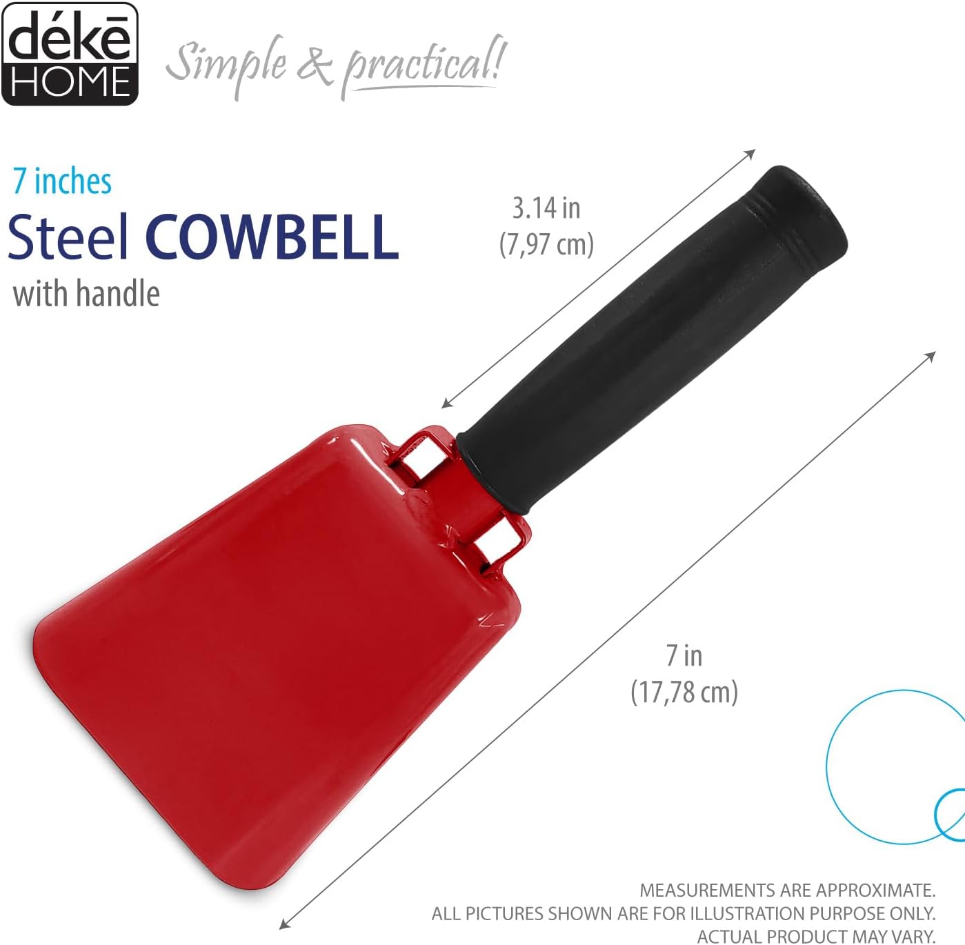 Deke Home - 2 Pack 7 Inch Steel Cowbells with Handle, Loud Noise Makers for Football, Sports, Parties, Competitions, School Spirit & Safety, Large Hand Bell for Cheering & Percussion Instrument