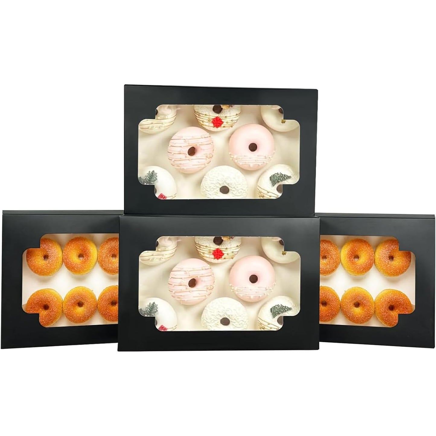 qiqee Auto-pop up Black Cookie Box with Window 12x8x2.5 inch 32 Packs Two Uses One Second Folding Pastry Biscuit Bakery Box for Packaging