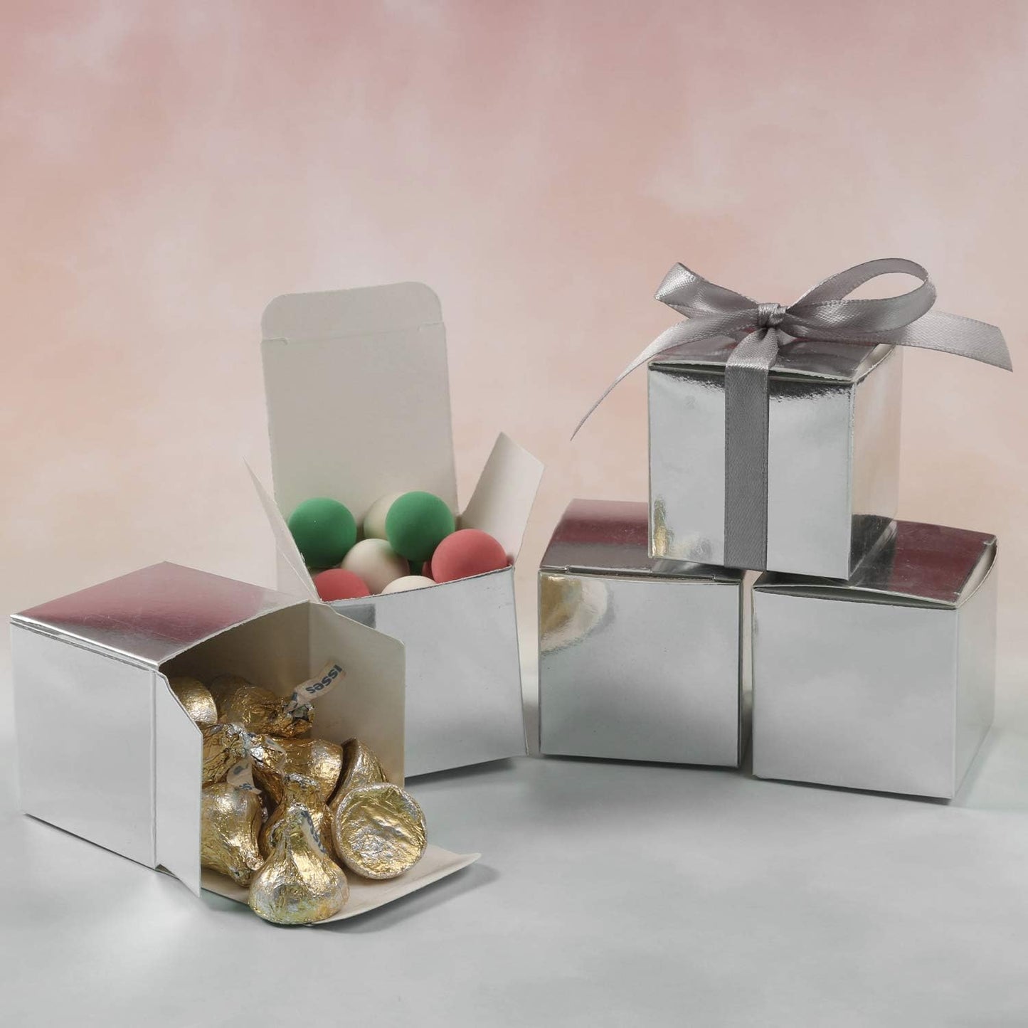 COTOPHER 100pcs Small Gift Boxes, Favor Boxes 2x2x2 inches Paper Gift Boxes with Ribbons Candy Box for Wedding Favors Baby Shower Bridal Shower Birthday Party (100 Metallic Silver)