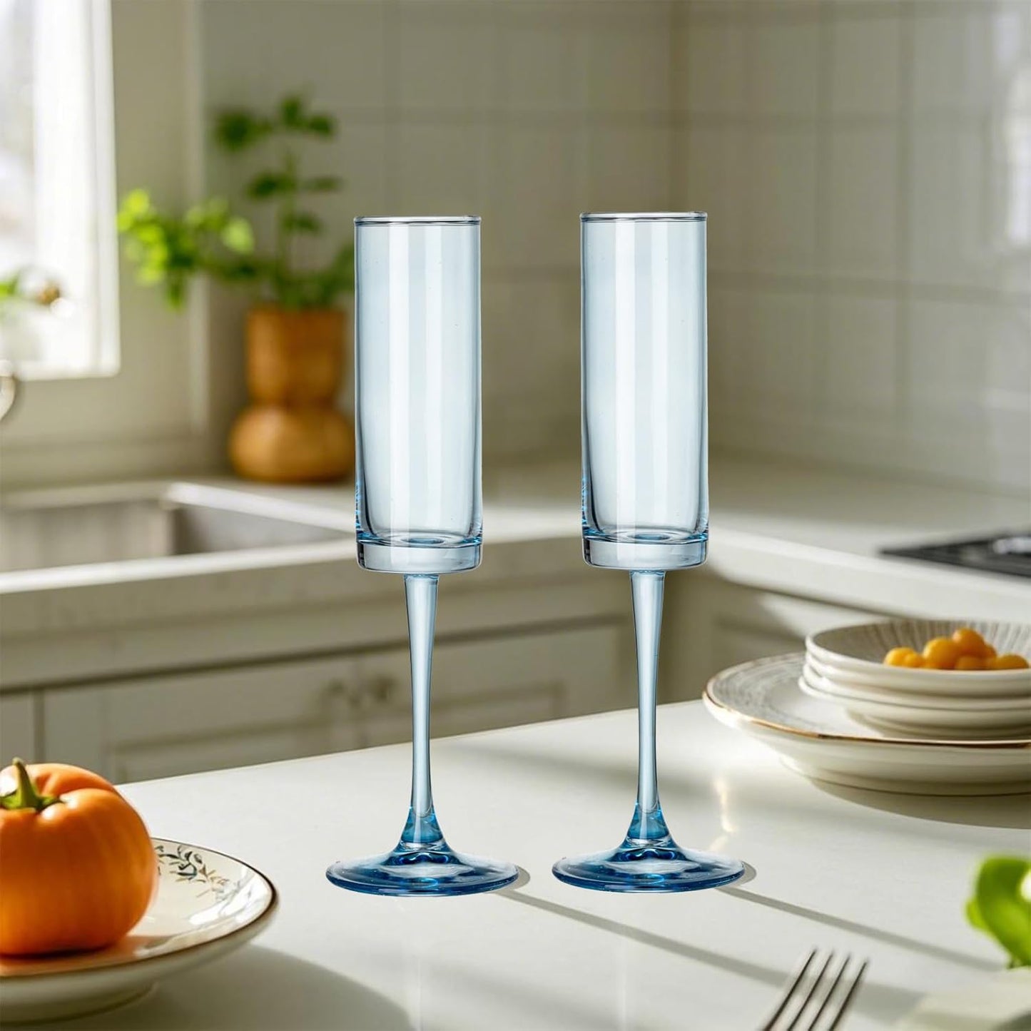 6 Pieces Blue Champagne Flutes 6 OZ Straight Sided Wine Glasses Champagne Long Stem Drinking Colored Glasses,Set of 6 Hand Blown Champagne Flutes Goblets for Wedding Cocktail Cups,Cava, Prosecco