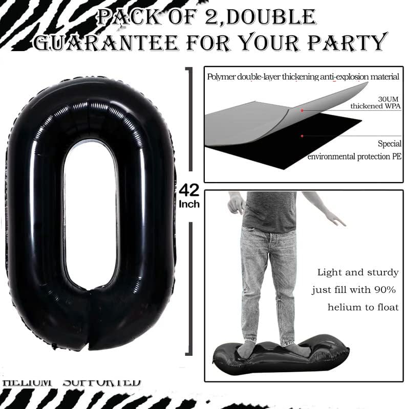GOER 2 Pcs 42 Inch Black Foil Balloons Number 0 for 10th 20th 30th 40th 50th 60th 70th 80th 90th 100th Birthday Party Supplies Anniversary Decorations