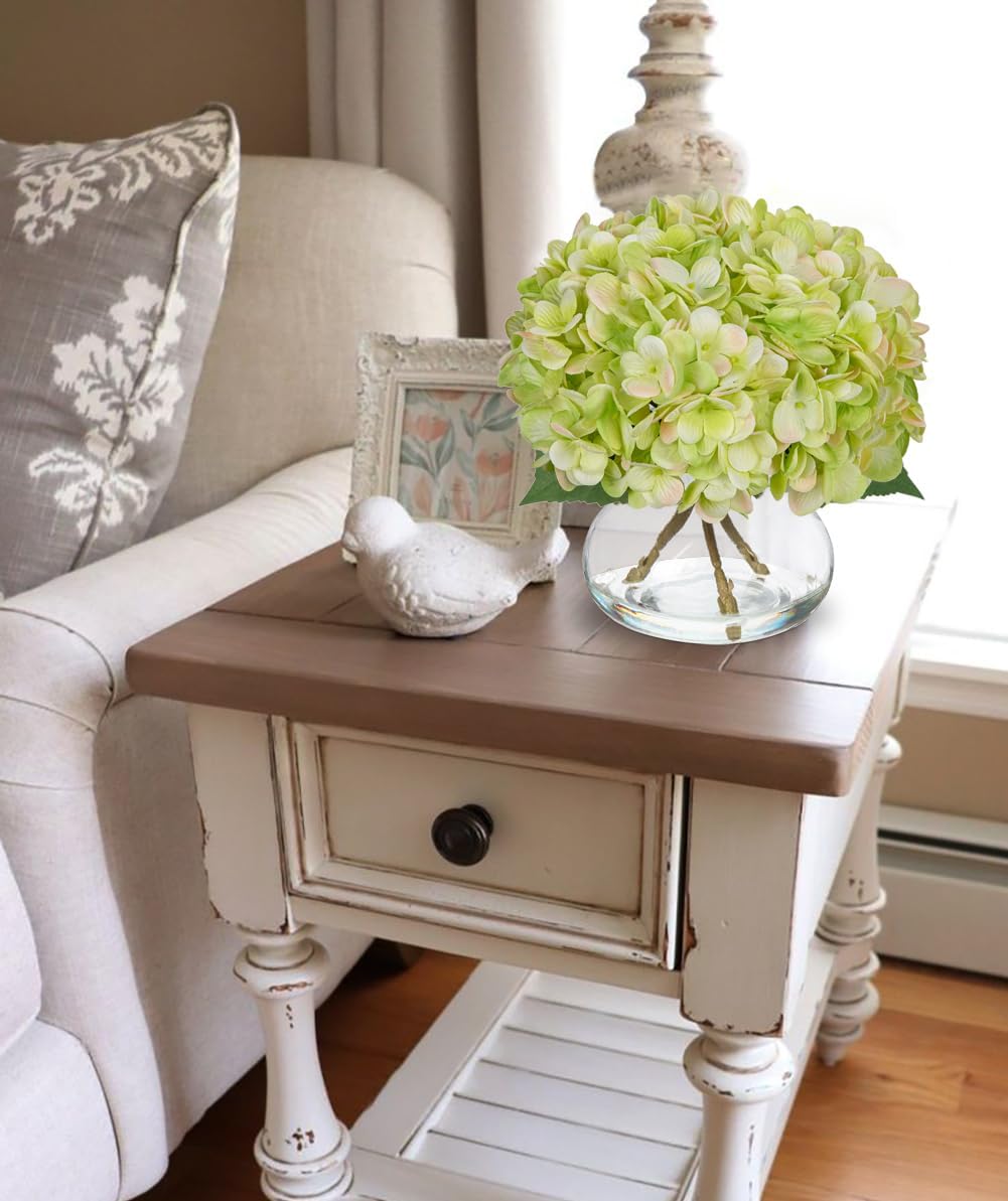 Hollyone Hydrangea Artificial Flowers with Glass Vase Green Silk Faux Flowers Arrangements in Vase with Faux Water Fake Floral Bulk Bouquet for Home Decor Table Centerpiece Decorations