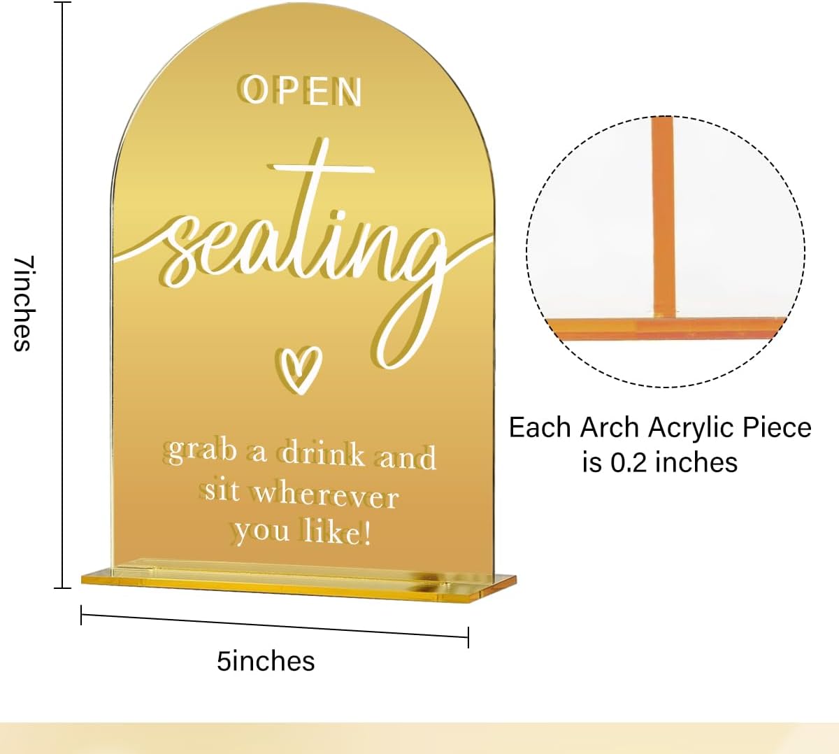 Acrylic Wedding Sign, Bridal Shower Decorations, Open Seating Sign for Ceremony, Modern Font Table Signs, Gold Mirror Arched Acrylic Tabletop Signs for Wedding Reception and Event Party