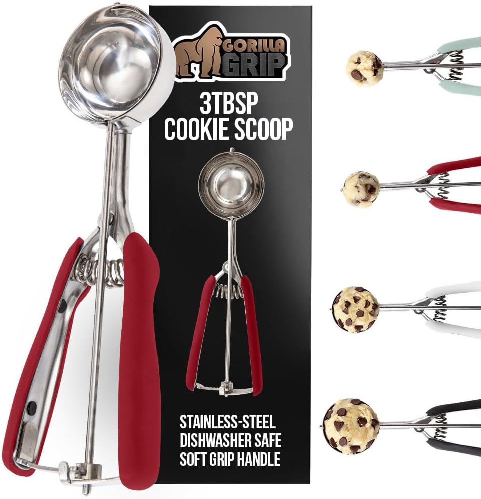 GORILLA GRIP Stainless Steel Cookie Scoop for Baking, 3 TBSP, Multipurpose Melon Baller, Meatball Spring Scoops, Perfect Portion Sizes, Easy Food Release, Scooper Size 20, BPA-Free Kitchen Tool, Red