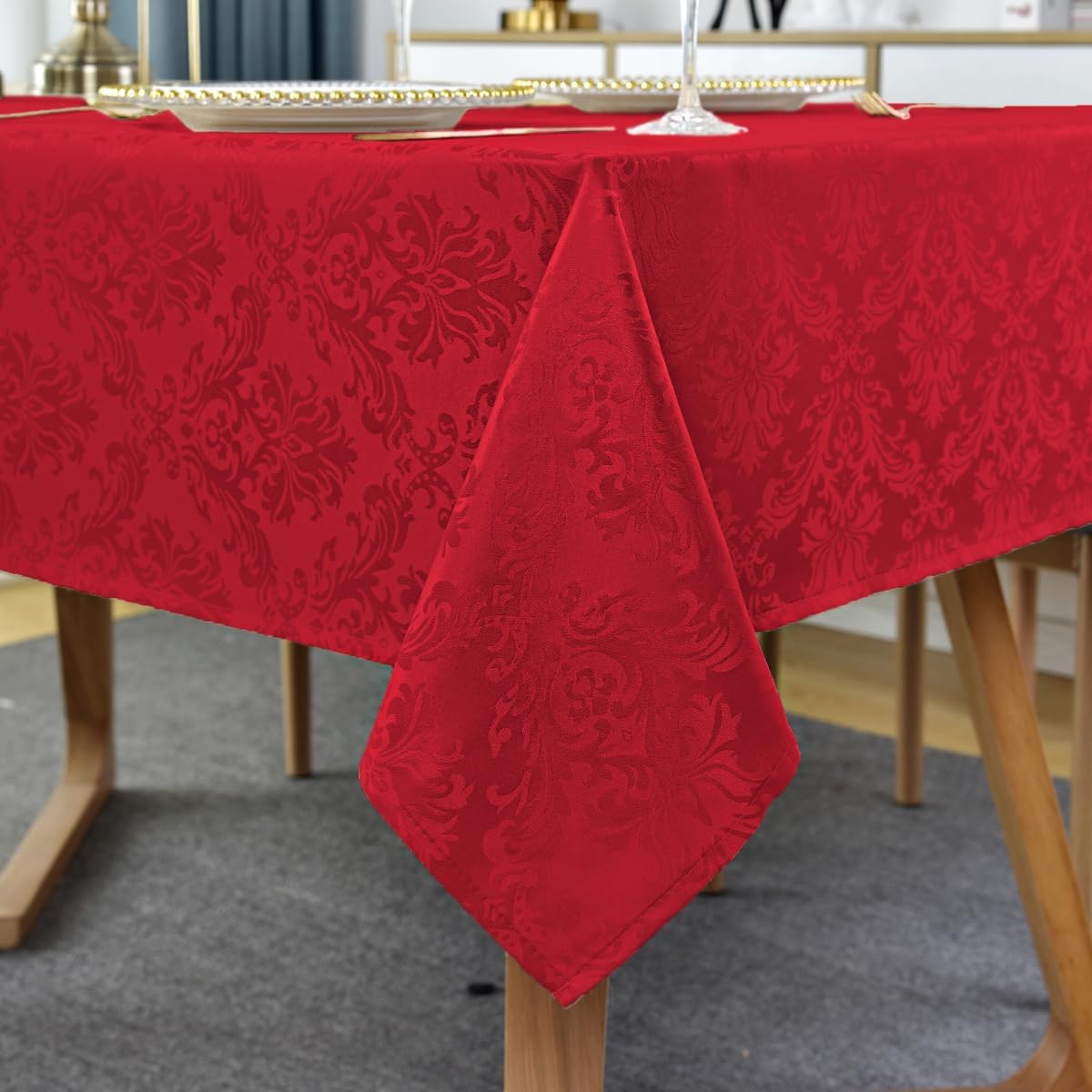 SASTYBALE Christmas Red Square Jacquard Tablecloth, Damask Table Cloth, Spill Proof Wrinkle Resistant Tablecloths, Soft Polyester Oblong Table Cover for Holiday,Winter,Kitchen,Parties (Red, 52X52)