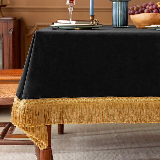 F-CHU Luxury Black Tablecloth Thickset Velvet Tablecloth with Beautiful Gold Tassels Table Cloth for Home Decor Wedding, Party, Banquet and Events 60x86-Inch
