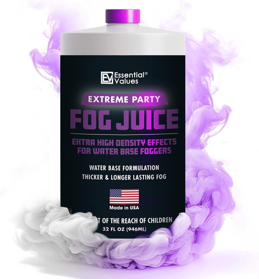 Essential Values Fog Machine Liquid - Long-Lasting Fog Juice for Smoke Machine Extreme High-Density, 32oz/Quart – Manufactured in USA – Water Based Foggers 700+ Watt Machines