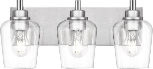 Bathroom Light Fixtures, 3-Light Modern Vanity Light with Clear Glass Wine Glass-Shaped Shade, Vanity Lighting Fixtures Over Mirror, Brushed Nickel, VL155-BN-3