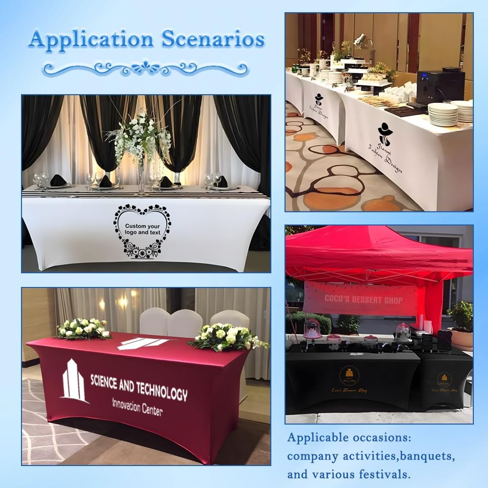Custom Table Cloth with Business Logo 4FT 5FT 6 FT 8 FT Spandex Customized Table Cover Stretch for Tradeshow Events Birthday Wedding Anniversary Mantel Personalized Table Cloth (8FT)