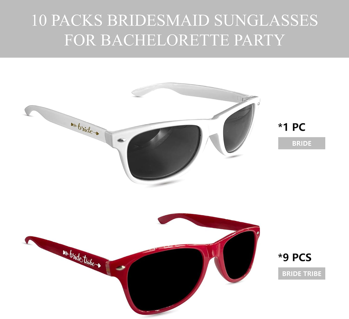 LADY&HOME 10 Pack Bachelorette Party Sunglasses Favors, Bridesmaid and Bride Tribe Sunglasses for Bridal Party, Bridal Shower(Red)