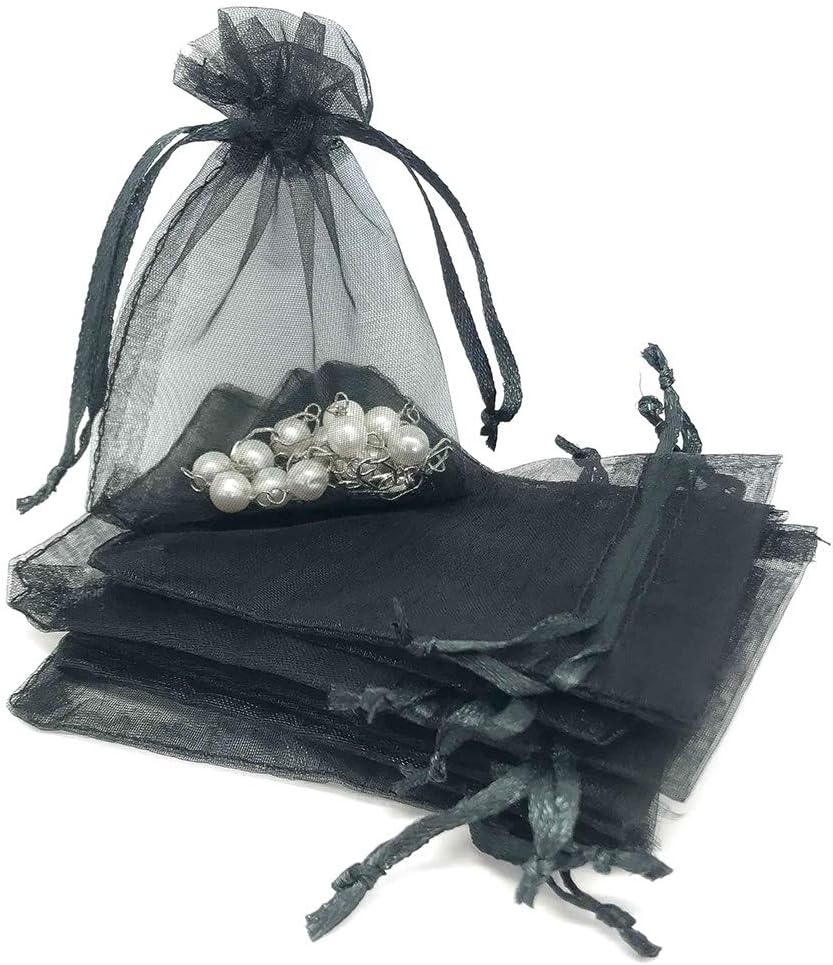 TheDisplayGuys 48-Pack 4x6 Black Sheer Organza Gift Bags with Drawstring, Goodie Bags for Jewelry, Candy Bags, Treat Bags, Wedding Favors Small Mesh Bags