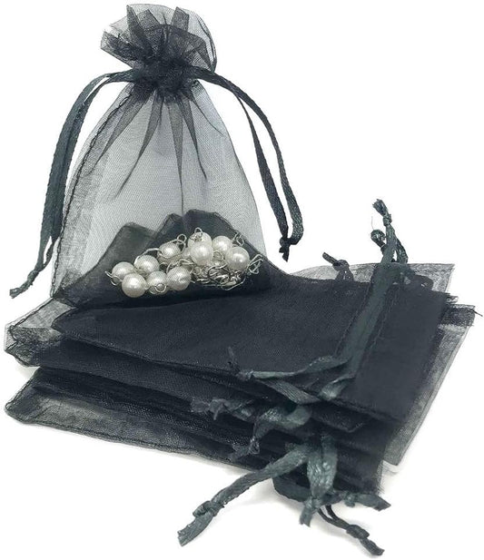 TheDisplayGuys 100-Pack 4x6 Black Sheer Organza Gift Bags with Drawstring, Goodie Bags for Jewelry, Candy, Treats, Wedding Favors Small Mesh