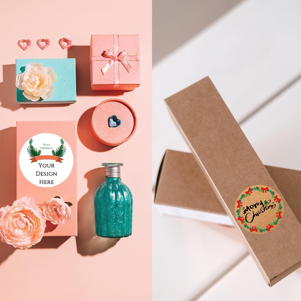 100-1000pcs Custom Stickers Merry Christmas Stickers Personalized Labels Adhesive Xmas Decorative Envelope Seals Stickers for Cards Gift Boxes (Round Kraft -8)