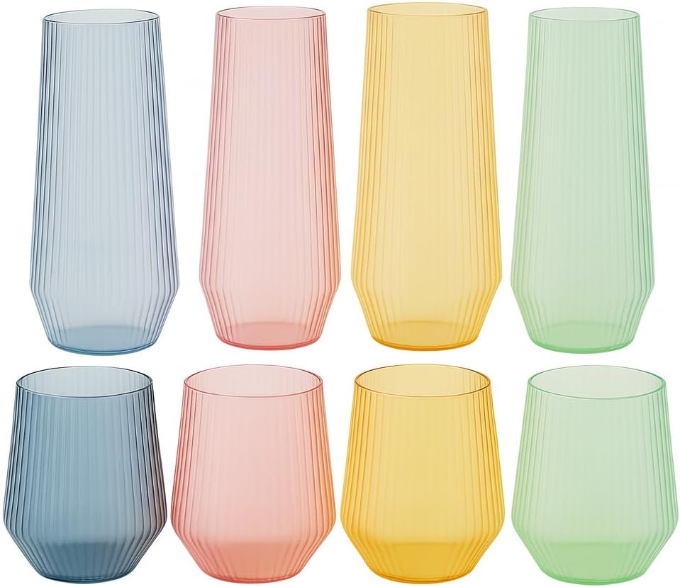 48 Pack Ribbed Origami Ripple Plastic Glasses 24 9oz Stemless Champagne Flutes & 24 12oz Cups BPA-Free, Disposable, Shatterproof Drinkware for Weddings, Bars, Events (Color Collection Ribbed)