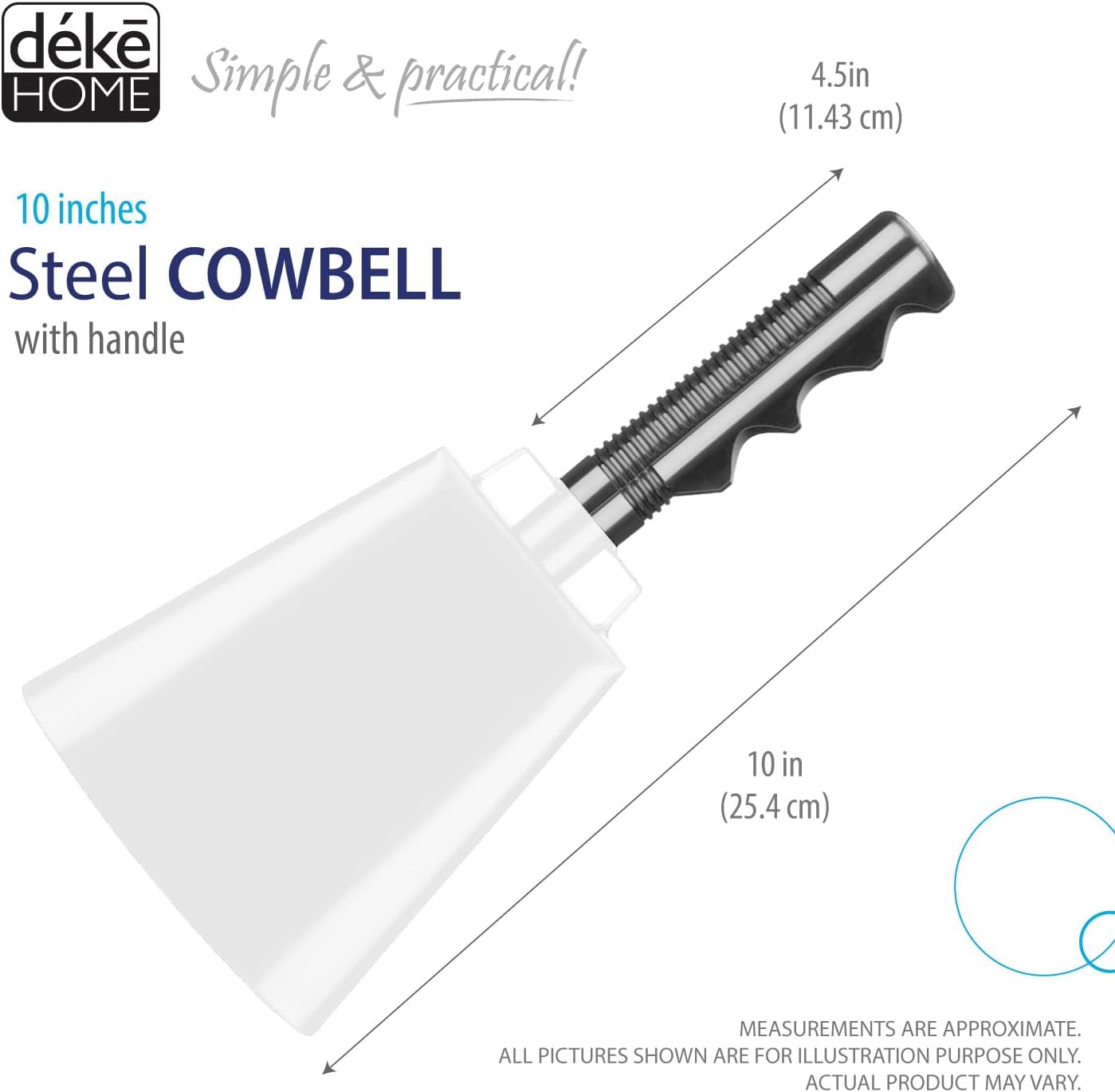Deke Home - 2 Pack 10 Inch Steel Cowbells with Handle, Loud Noise Makers for Football, Sports, Parties, Competitions, School Spirit & Safety, Large Hand Bell for Cheering & Percussion Instrument